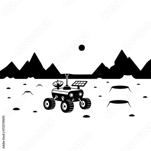 Illustration of a rover exploring a planet with mountains and a sun isolated on white background
