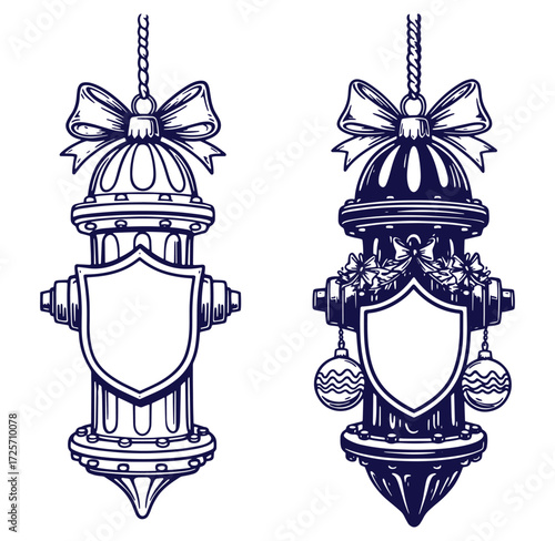 Ornamental christmas fire hydrants vector illustration with bows and decorative elements