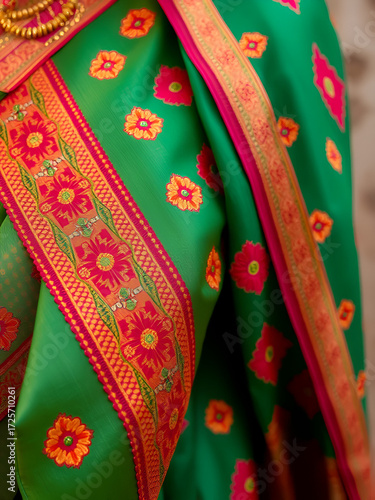 A close-up, detailed photo emphasizing the vibrant colors and embroidery of a traditional Indian saree reflecting the textile heritage