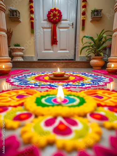 Diwali (Hindu festival). A close-up shot of colorfulrangoli designs at the entance of a home, symbolizin prosperity and good luck or the upcoming year.