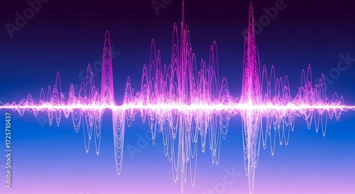 Dynamic purple sound waves pulsating against a gradient background evoke modern technology and energy, ideal for music, audio, or data visualization projects