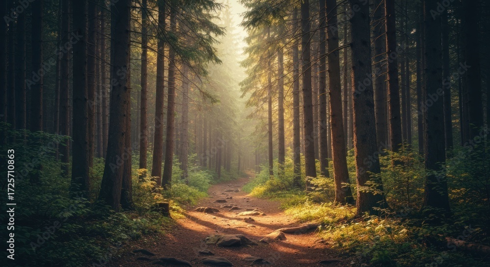 Fototapeta premium Sunlit path through a misty forest