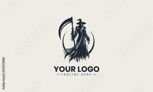 Imposing scarecrow figure holding a large scythe in a commanding black silhouette vector logo design, exuding a mysterious and powerful presence