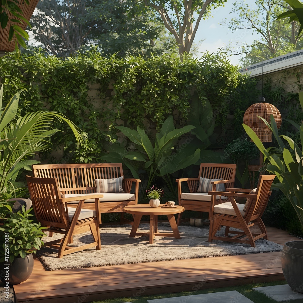 Obraz premium Outdoor Garden Patio with Wooden Furniture and Green Plants