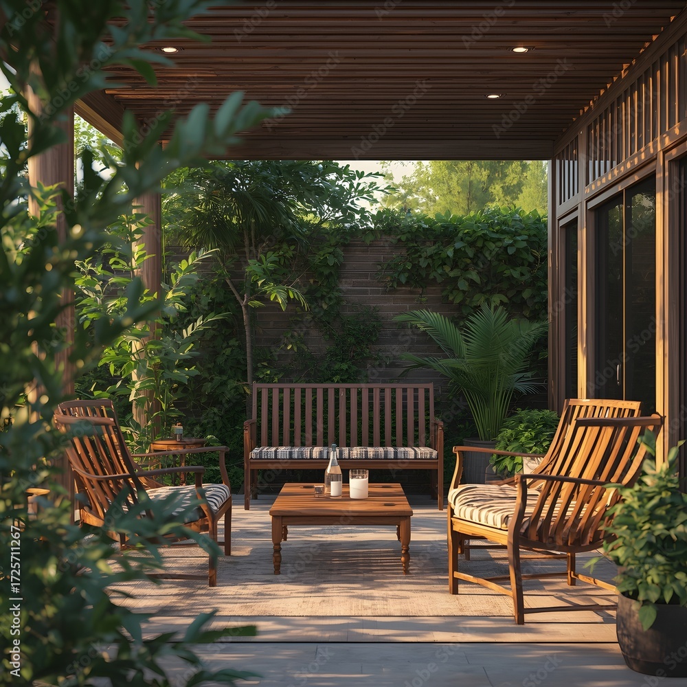 Obraz premium Outdoor Garden Patio with Wooden Furniture and Green Plants