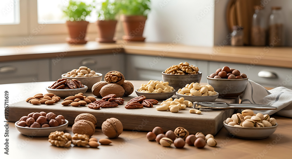 Fototapeta premium An assortment of various nuts displayed in small bowls and piles on a wooden cutting board, set on a kitchen counter.