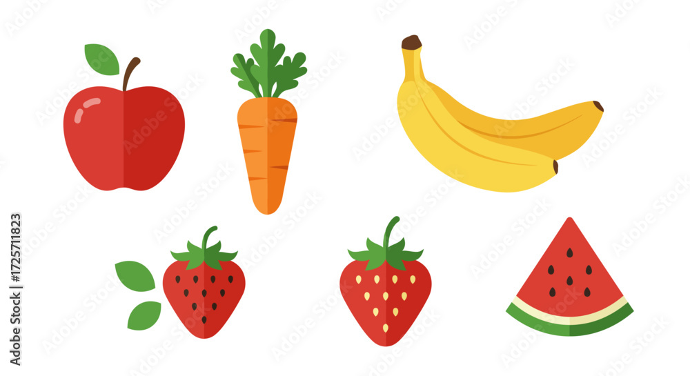 Fototapeta premium A colorful and vibrant collection of fresh, healthy fruits and vegetables, presented in a modern flat design style, perfect for illustrating nutrition, dietary guidelines, and natural food concepts
