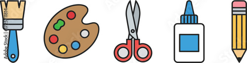 A colorful and modern flat design vector icon collection representing essential art and craft supplies for various creative projects, education, and hobbies