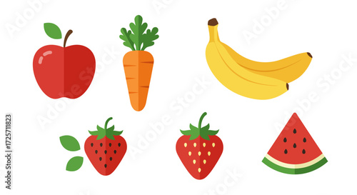 A colorful and vibrant collection of fresh, healthy fruits and vegetables, presented in a modern flat design style, perfect for illustrating nutrition, dietary guidelines, and natural food concepts