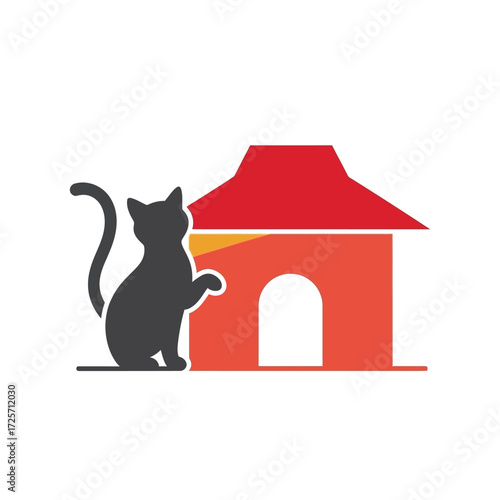 A black cat in silhouette standing next to a stylized red and orange cat house with a distinctive roof.
