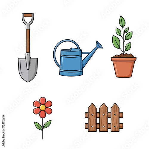 Gardening tools and plants illustration featuring a shovel, watering can, flower, fence and potted plant