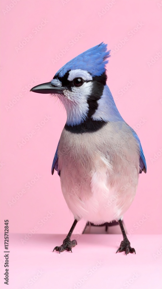 Fototapeta premium Blue Jay portrait against pink background