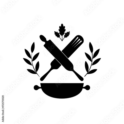 Crossed rolling pins and cooking pot icon