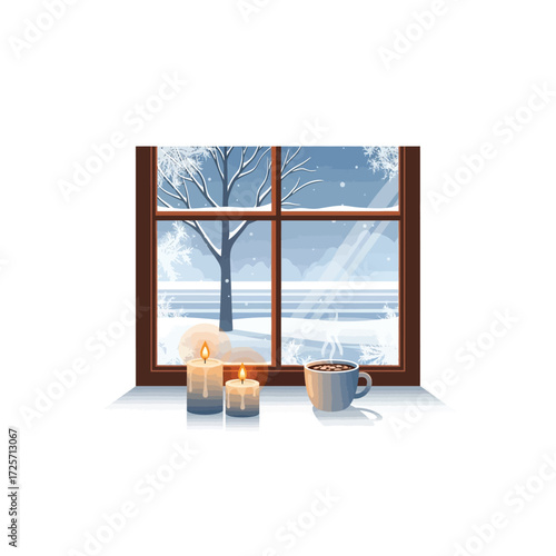 Cozy winter scene with two lit candles and a steaming mug of coffee on a windowsill overlooking a snow-covered landscape with a bare tree.