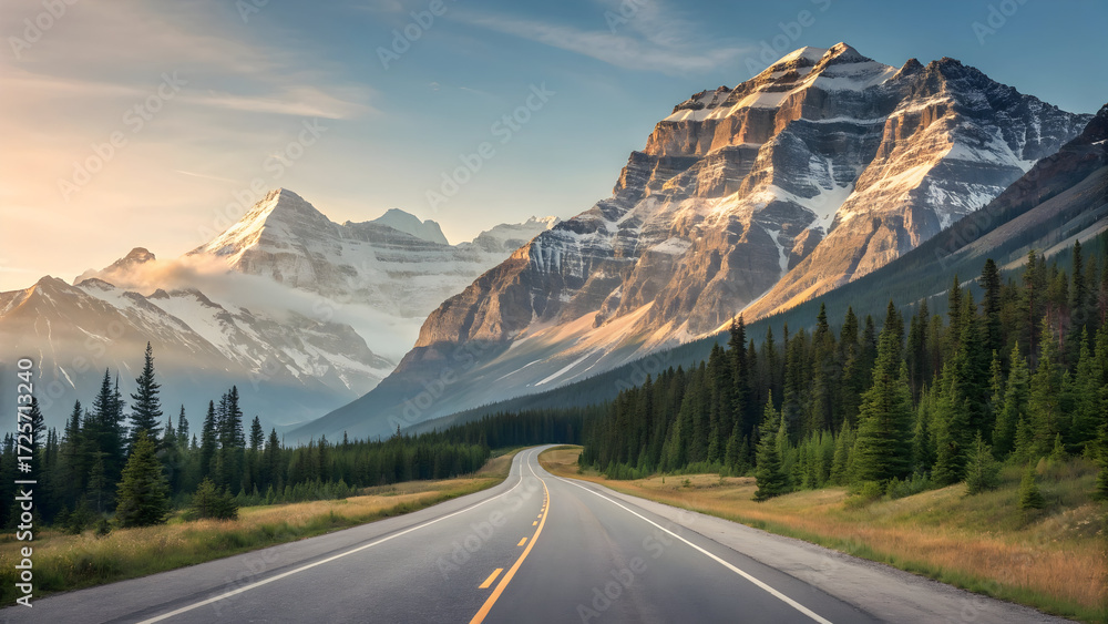 Fototapeta premium Winding asphalt road leading towards majestic snow-capped mountains under a clear blue sky highway scenic Full HD 4K Video Download 2025 2026