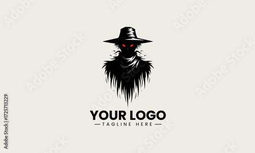 Mysterious scarecrow figure with glowing red eyes in a foreboding black silhouette vector logo design for an eerie atmosphere