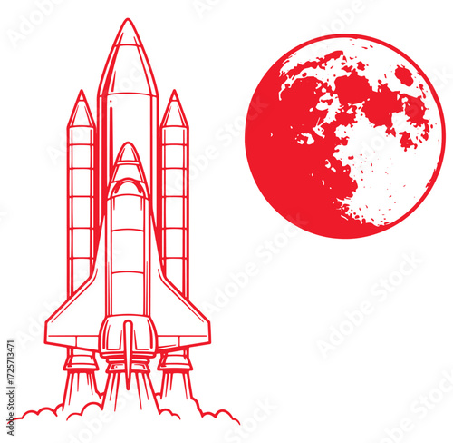 Red outlined illustration of a space shuttle and a red textured moon against a white background