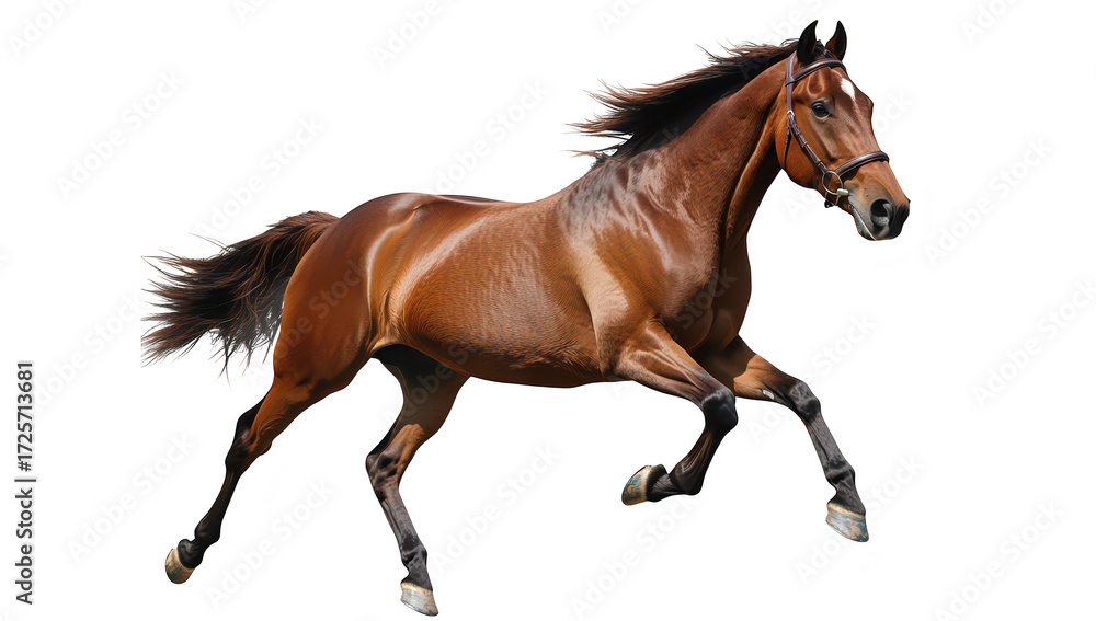 Fototapeta premium A majestic brown horse galloping freely across a bright white background. its strength and grace. perfect for illustrating themes of freedom and power in nature