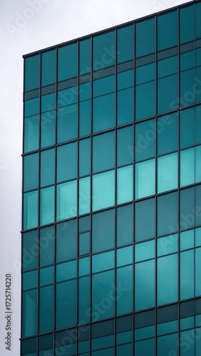 Modern teal-colored glass office building facade