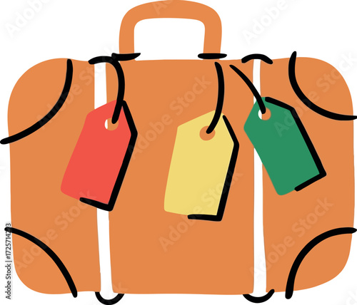 Vintage suitcase with colorful travel tags adventure journey vector Hand drawn