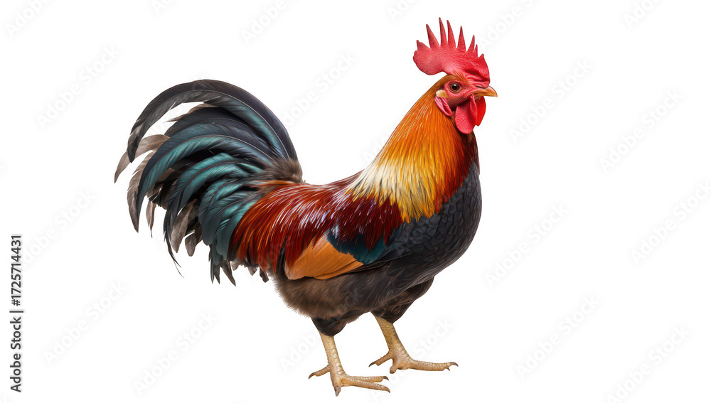 Fototapeta premium A vibrant. colorful rooster stands proudly against a white background. its striking plumage and confident posture. ideal for agricultural themes or animal photography
