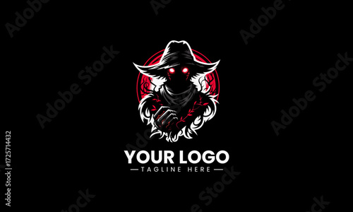 Mysterious scarecrow figure with glowing red eyes in a foreboding black silhouette vector logo design for an eerie atmosphere