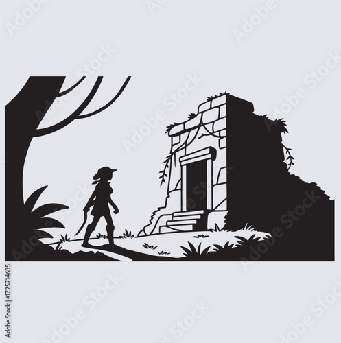 a man standing in front of ancient building silhouette vector art illustration, ancient roman ruins