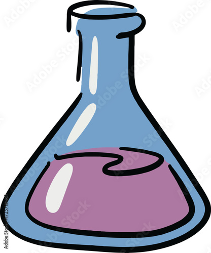 Laboratory flask with purple liquid scientific experiment glassware chemistry vector Hand drawn
