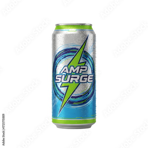 Amp Surge Energy Drink Can with Water Droplets and Lightning Bolt Logo beverage
