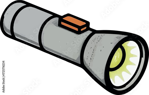 Handheld metal flashlight torch bright light beam adventure vector Hand drawn