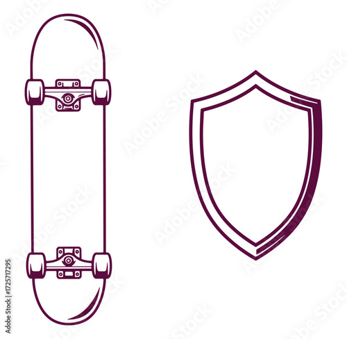Skateboarding emblem design featuring a skateboard and shield on white background