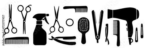 Set of hairdressing tools, vector illustration. Black and white, Hair dryer, scissors, combs, hair straightener, sprayer, clips. Flat style, textured effect, isolated on white background, hairdressing