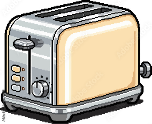 A pixelated illustration of a chrome and beige toaster, ready for breakfast.