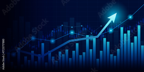 technology financial graph with uptrend line arrow and bar chart of stock market on blue color background