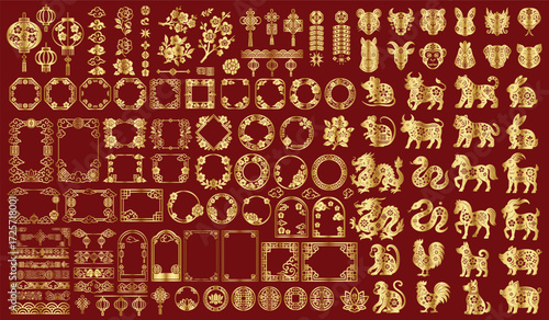 Chinese New Year golden red vector set with zodiac animals, frames, lanterns and floral ornaments