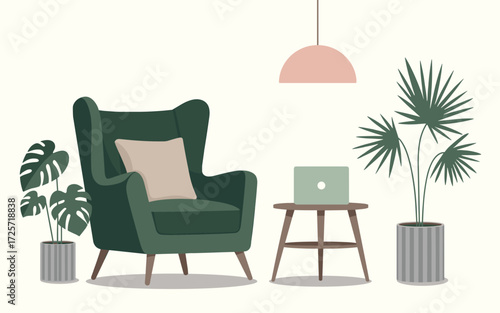 Dark green armchair with beige pillow next to a small wooden table with a light green laptop and potted plants.