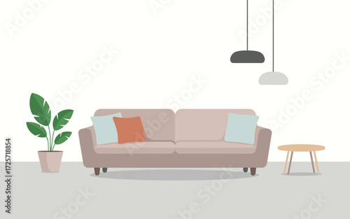 Flat design illustration of a beige sofa with light blue and orange pillows next to a potted green plant and a small wooden side table with two pendant lights above.