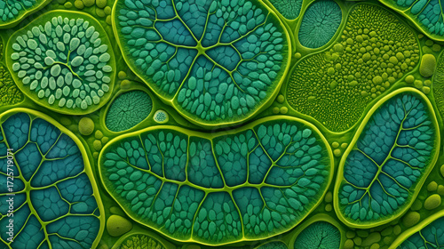 Vibrant microscopic image of plant cells showcasing detailed cell walls, green chloroplasts, and intricate cellular structures in stunning resolution.