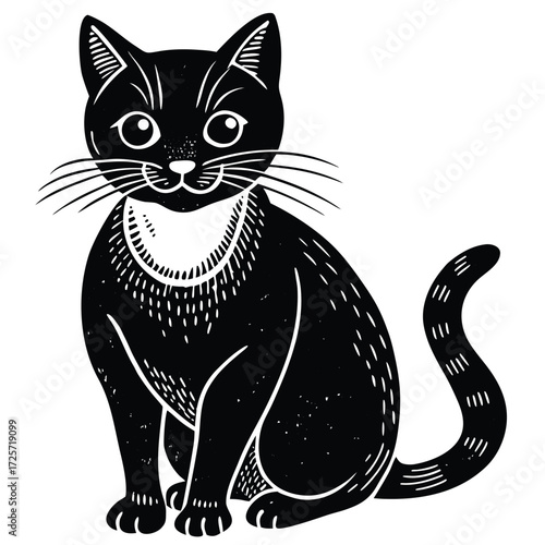 Black and white linocut style illustration of a cat
