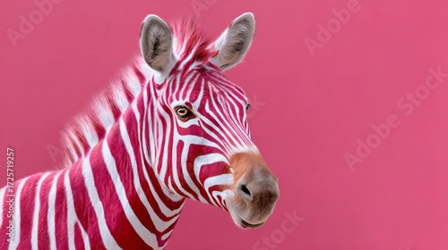 Zebra with pink stripes on its face and body. The zebra is looking at the camera