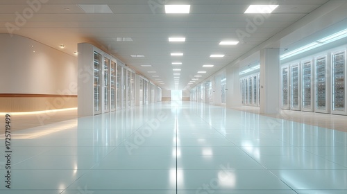 Symmetrical Modern Data Server Room with Glowing Blue Lights and Reflections in Polished Floor in Cinematic Style and HDR Rendering
