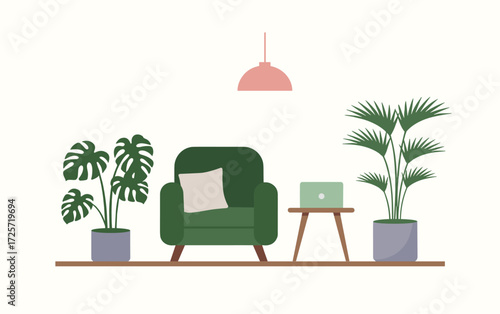 Green armchair with monstera and palm plants on shelf with laptop and pink pendant lamp monstera plant.