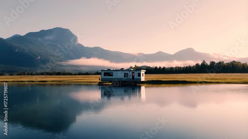 Camper standing on calm water near mountains, lifestyle of freedom, travel in natural. Scenic landscape with lake and modern Caravan parked, concept of balance, eco living, relaxation in wilderness.