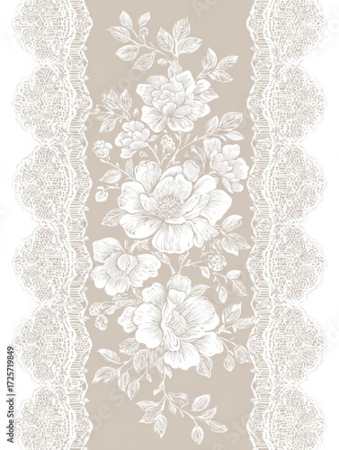 Elegant Floral Lace Design Featuring Delicate White Blossoms on a Soft Beige Background Suitable for Various Design Applications