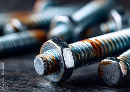 Multiple flanged hex head screws shown from various angles; steel self-tapping machine screws with built-in washers used for secure fastening in construction mechanical joints, hardware detail concept
