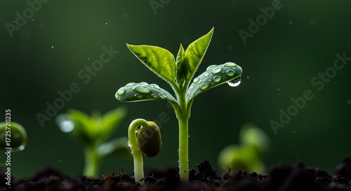 A fresh green seedling with water droplets sprouts from rich soil, symbolizing new life, growth, and a hopeful beginning