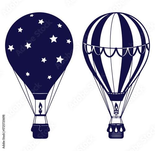 Two decorative hot air balloons in navy blue and white, isolated on a white background.