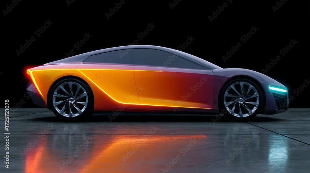 Fototapeta premium Car with a bright orange stripe is shown in a dark background. The car is a futuristic design with a sleek and modern look. The orange stripe adds a pop of color