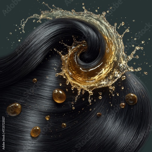 Hair Oil Nourishment - Luxurious Black Hair with Splashing Oil Effect for Beauty and Haircare - hydration dropper