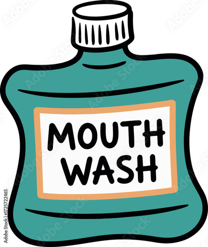 Teal mouthwash bottle fresh breath oral hygiene cartoon art vector Hand drawn